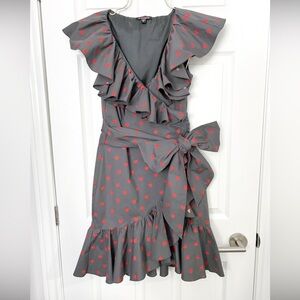 NWOT - Tara Subkoff x bebe Gray Wrap Dress with Ruffles & Red Heart Pattern